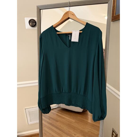 1.State Women's XXL Cypress Green Long Sleeve V-Neck Smocked Waist Blouse - Picture 1 of 6